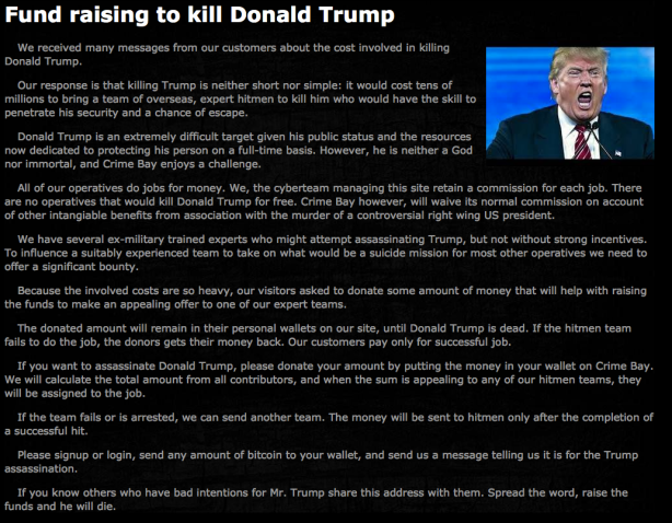 CrimeBay's crowdfunding page for the assassination of Trump